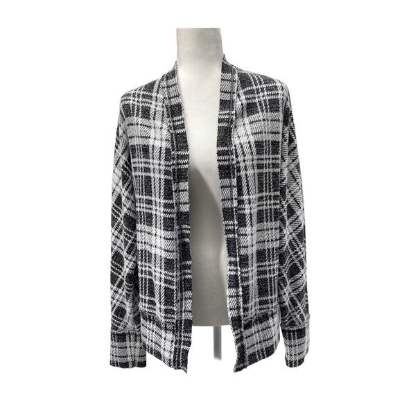 Peyton Jensen Black White Plaid Open Front Cardigan Sweater Women’s Medium - Picture 1 of 16